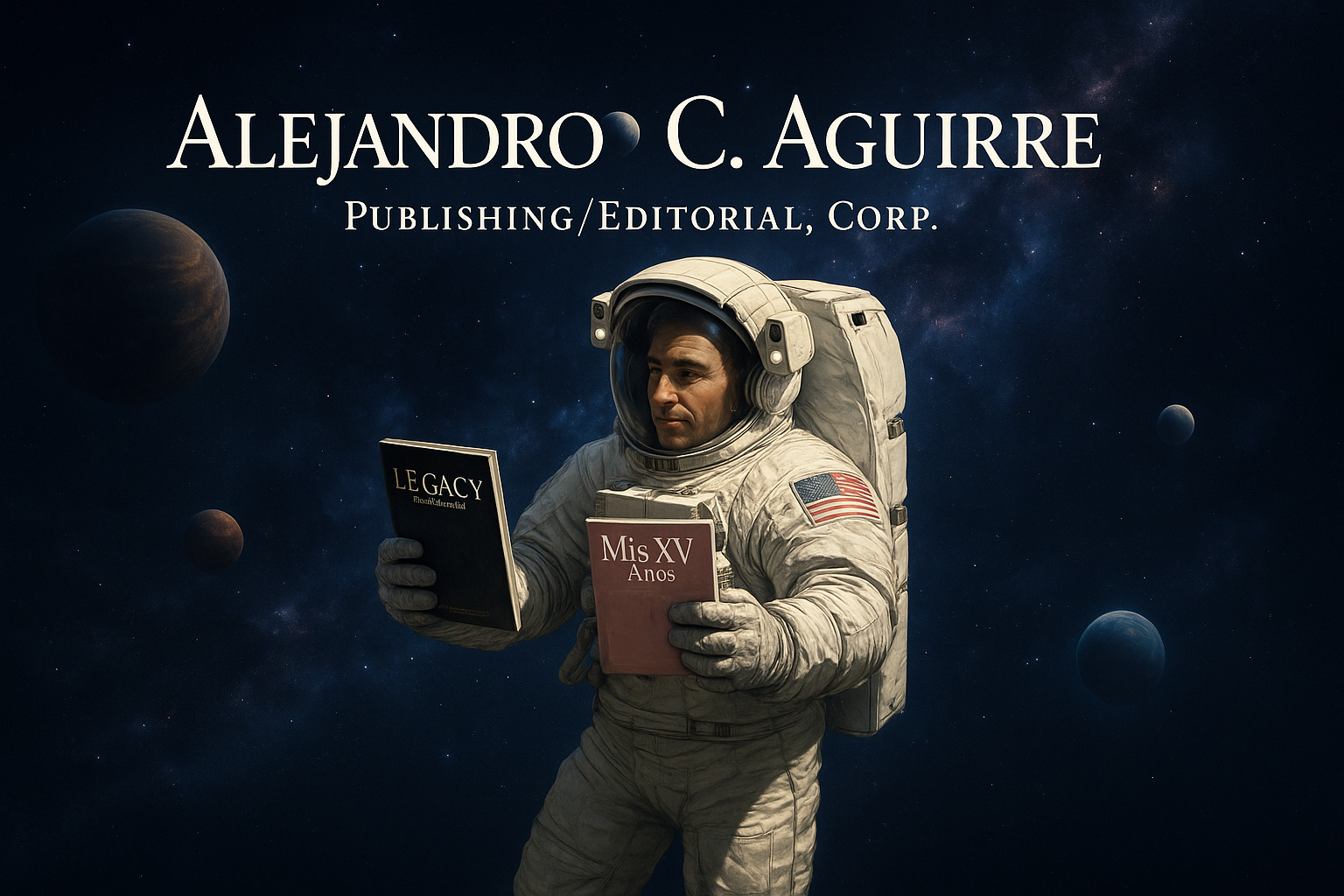 Add a animated male who is holding 2 books on his hands. The background should be space related and the man should be in a space suit. The book titles are "Legacy Magazine" and "Mis XV Anos". Make the background look realistic with planets in the backgrounds. Make the man have a shadow as well and add the text "Alejandro C. Aguirre" with the text "Publishing/Editorial, Corp." right below it.
